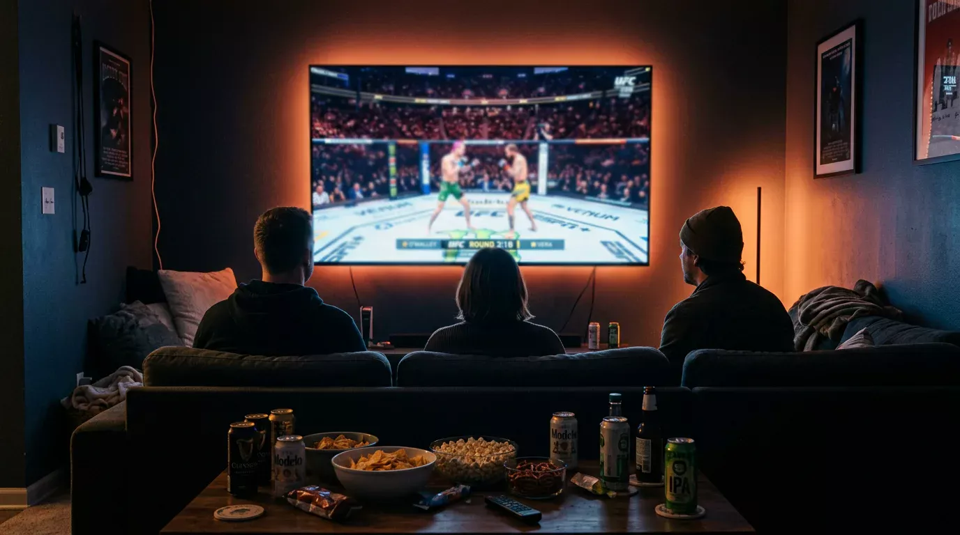 UFC-Übertragung auf einem großen Fernseher in einem Wohnzimmer mit Zuschauern beim Kampfabend