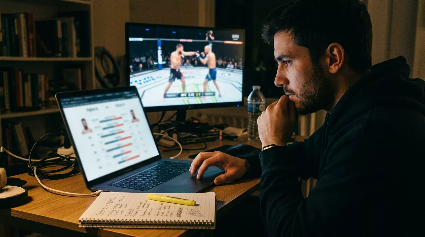 Analyst studiert UFC-Kampfstatistiken und Kämpferprofile auf einem Laptop mit Notizbuch