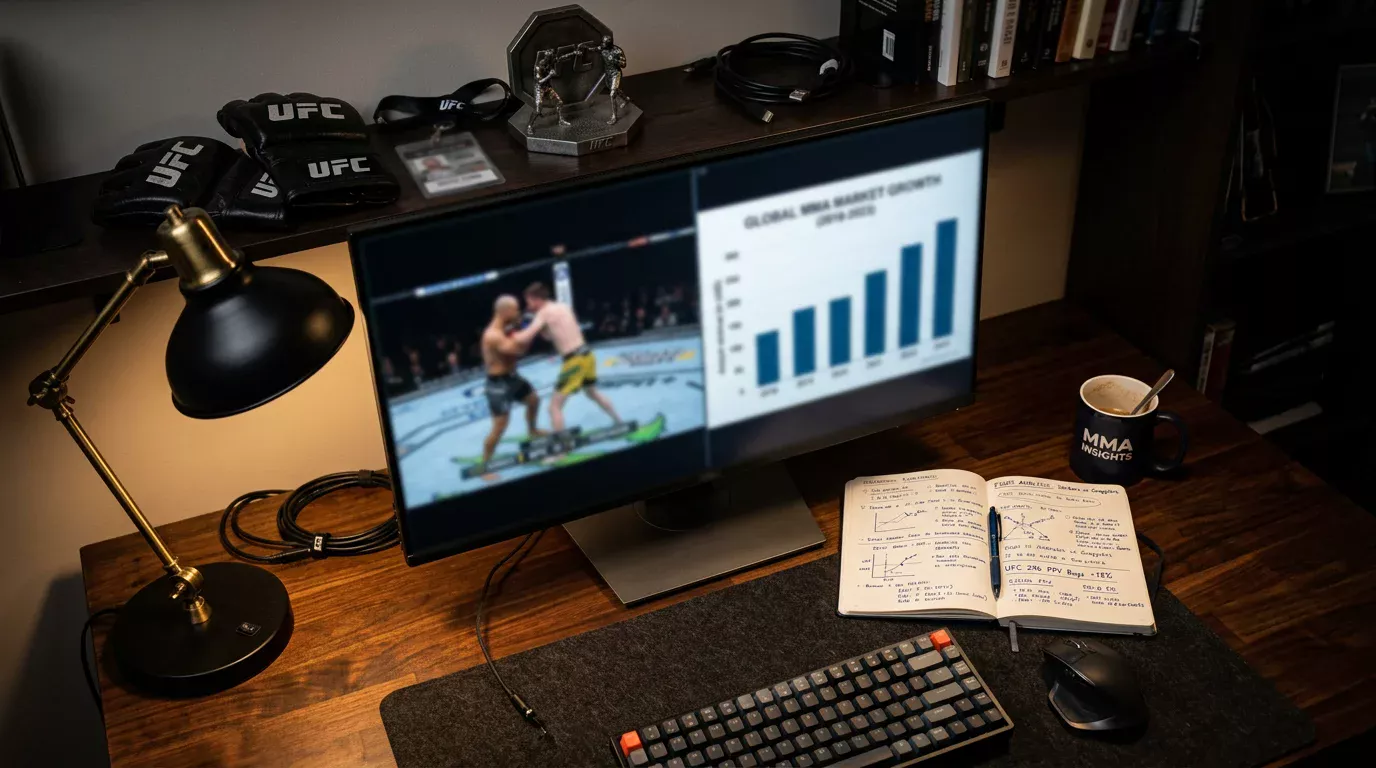 MMA-Kämpfer im Oktagon mit Wettquoten-Overlay auf einem Bildschirm am Käfigrand